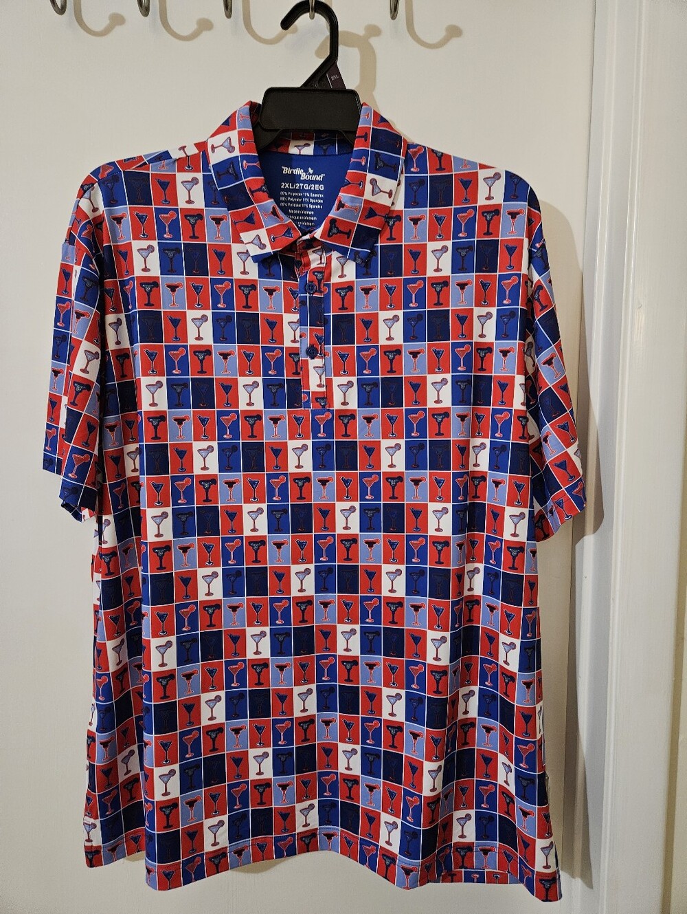 Birdie Bound Mens 2XL Golf Polo Shirt Red White Blue Cocktail Martini NWT